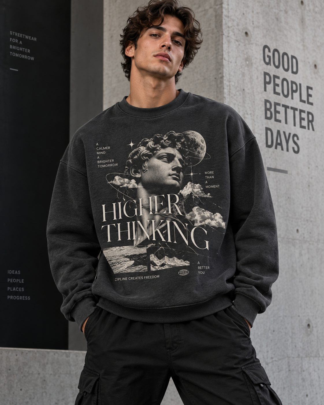 Sweat-shirt Caractère gris anthracite imprimé « Higher Thinking », porté devant un mur de béton